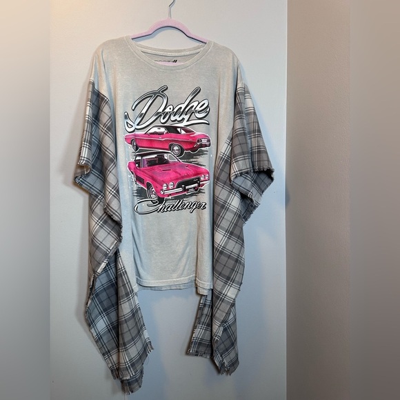 Dodge Challenger poncho pink car gray flannel plaid raw hem one size open sides - Picture 1 of 6